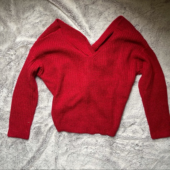 Back Twist Bright Merry Red V Neck Sweater - Picture 2 of 13